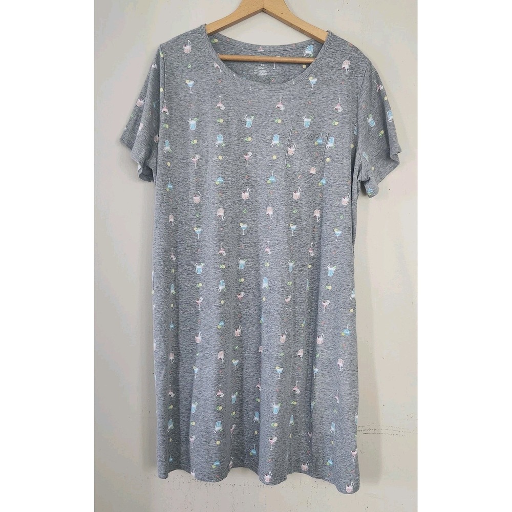 Croft & Barrow Womens 1X Gray Sleepshirt Cocktail Drinks Print Fun Whimsical